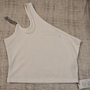 Cider White Asymmetrical Crop Top with Chain Detail